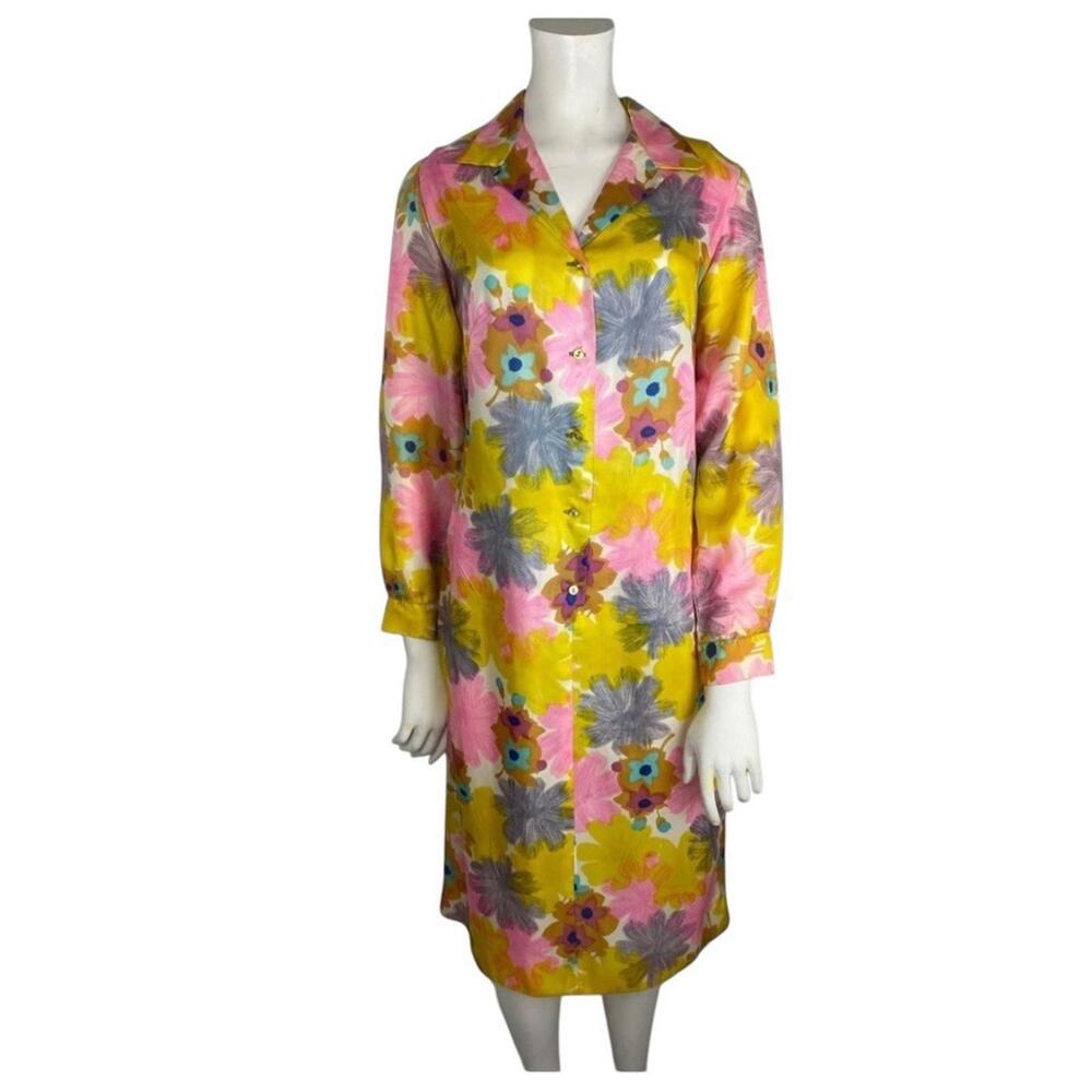Vintage 1970s Alex Colman Floral Midi Dress Yellow Pink Long Sleeve Mod SMALL